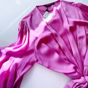 NWT ZARA ELEGANT LILAC/PINK SATIN WRAP BLOUSE CROSSOVER WITH BELT SIZE L NWT